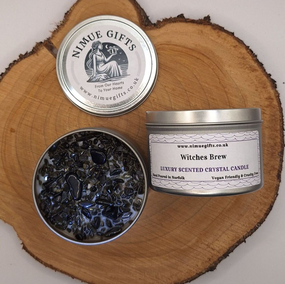 Witches Brew Scented Crystal Candle Topped with Obsidian