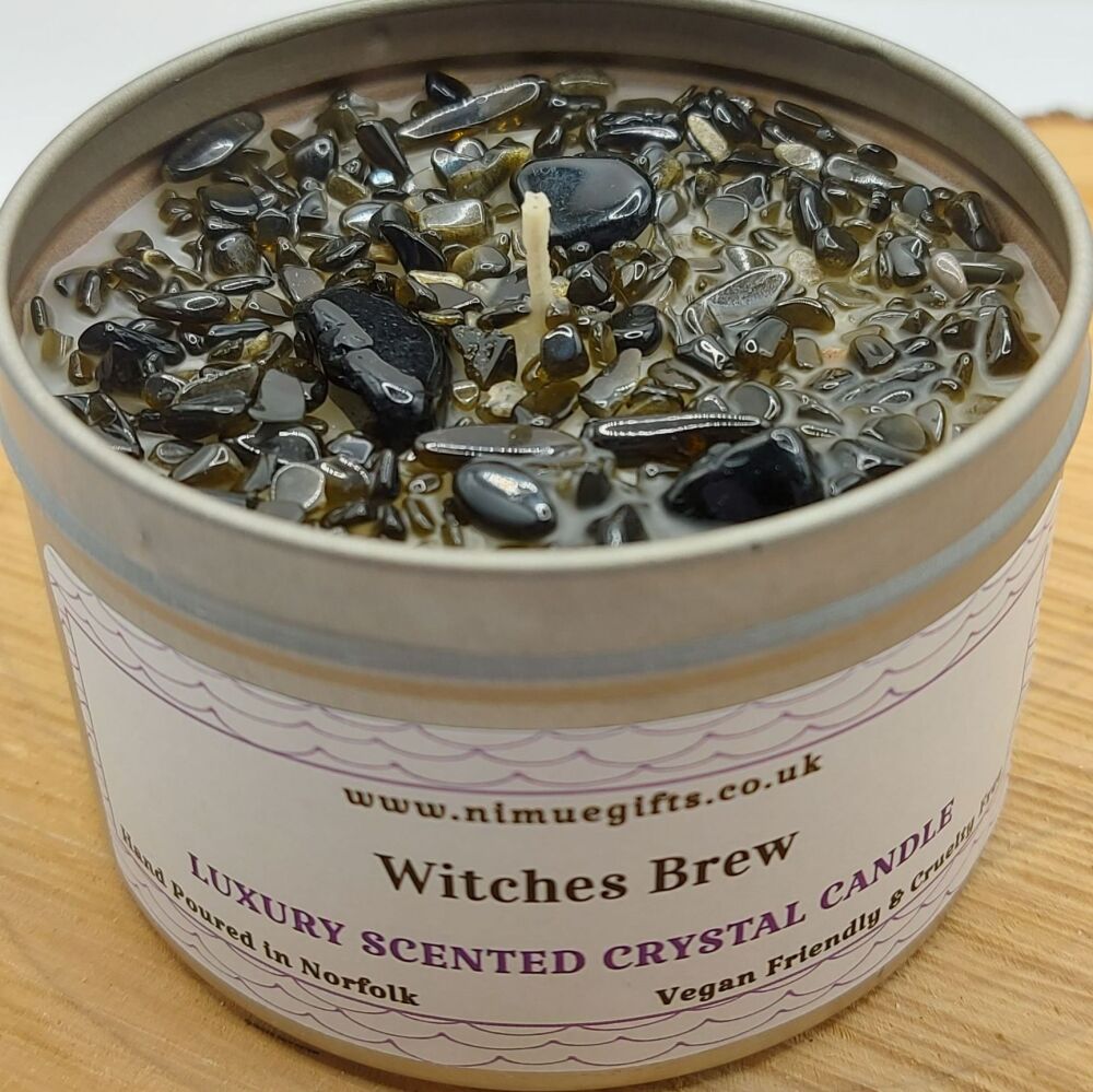 Witches Brew Scented Crystal Candle Topped with Obsidian