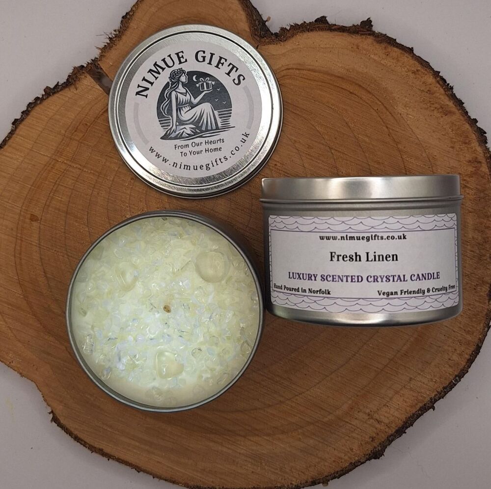 Fresh Linen Scented Crystal Candle Topped with Opalite