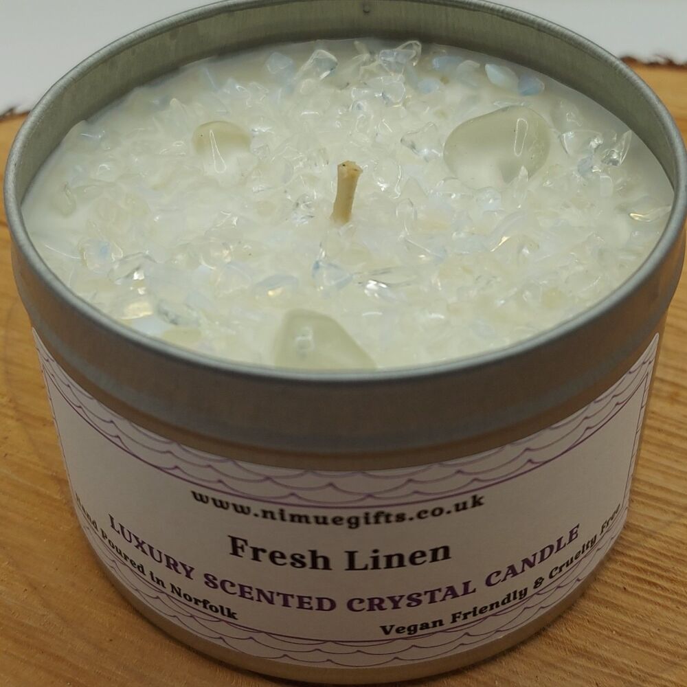 Fresh Linen Scented Crystal Candle Topped with Opalite