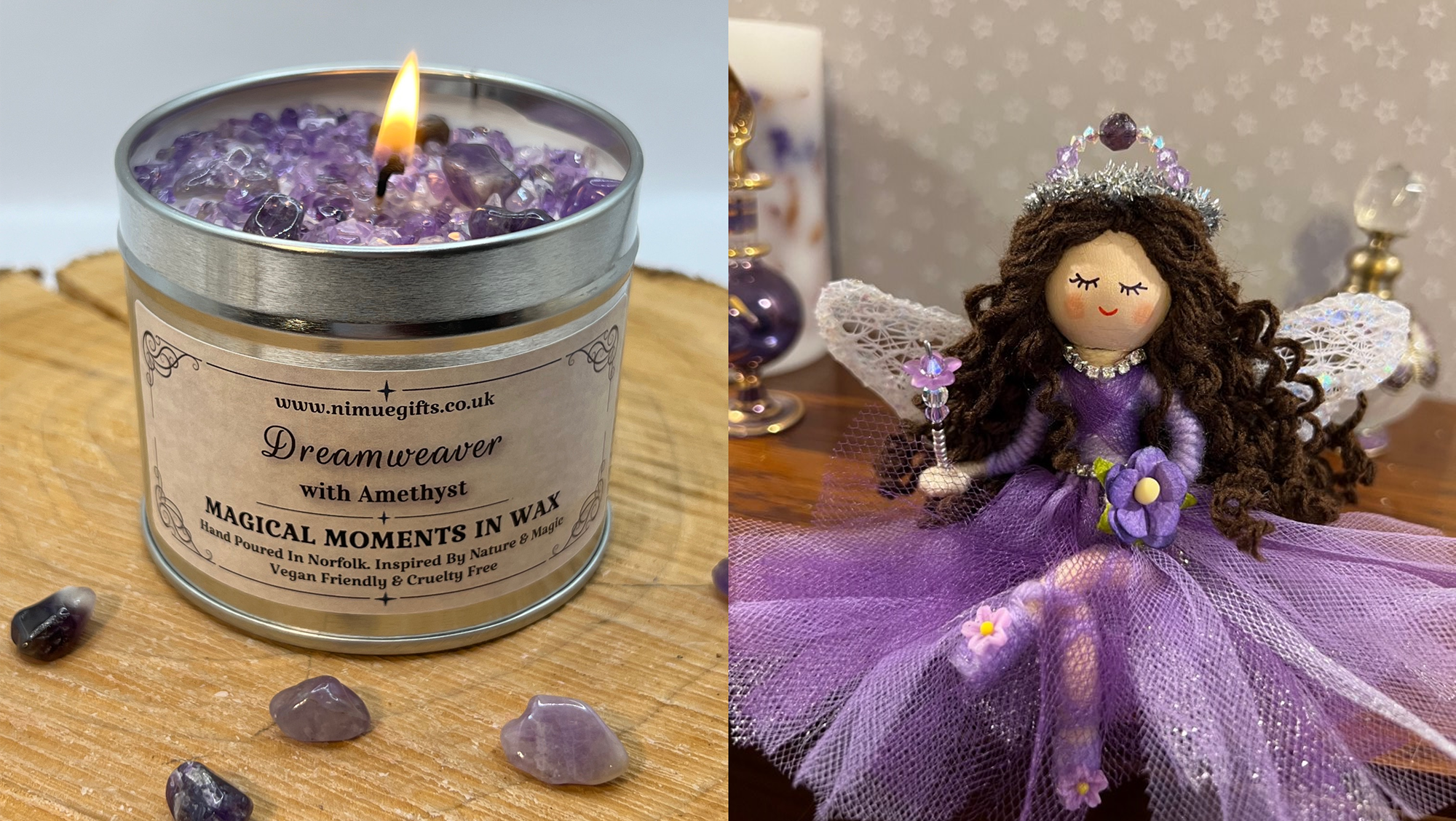 Dreamweaver Lavender Essential Oil Crystal Candle with Amethyst and Dreamweaver Fairy