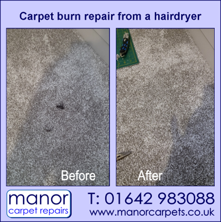 carpet repair caused by a hairdryer, Faverdale, Darlington