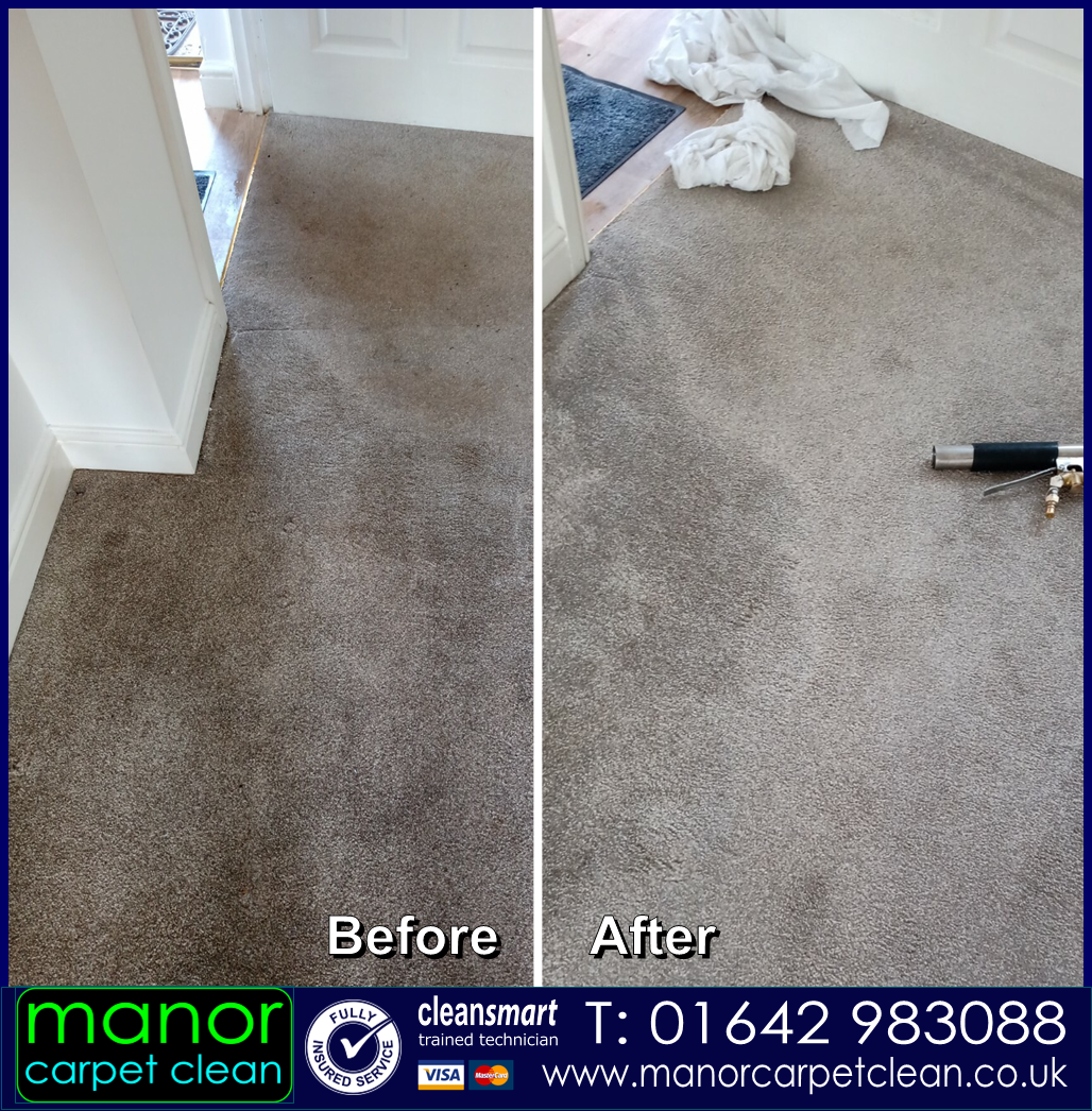 Heavily soiled grey carpets. Cleaned by Manor Carpet Clean, Redcar