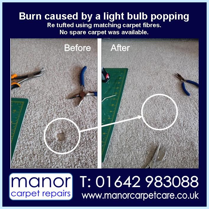 Carpet repair - burn from a hot light bulb. Manor Carpet Repairs, Northallerton