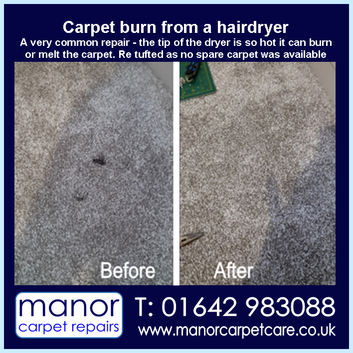 carpet repair caused by a hairdryer, middlesbrough,stockton on tees, hartlepool
