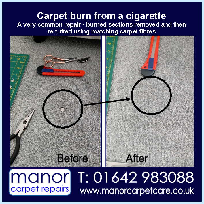 Cigarette burn repair in Thornaby. Manor Carpet Repairs