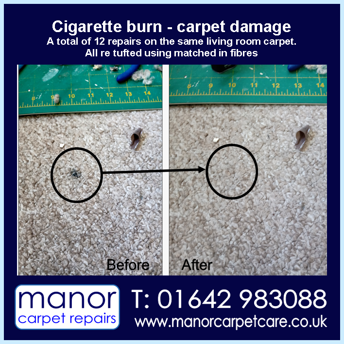 Cigarette burn repaired by removing the burned fibres and retufting with matching fibres to blend in.