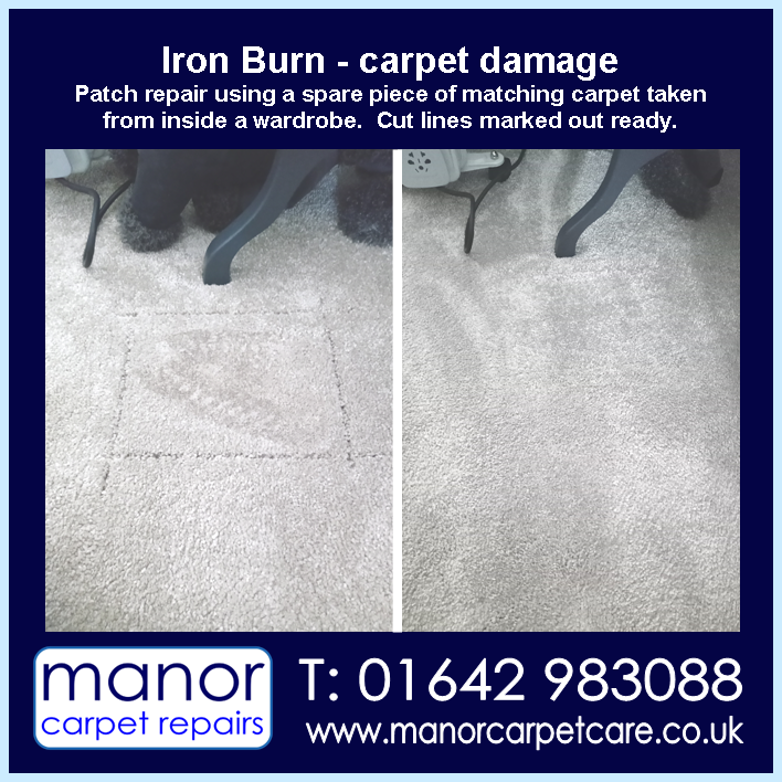 Iron burn patch repair using a matching piece of carpet taken from a wardrobe. Yarm. Cut lines marked out.