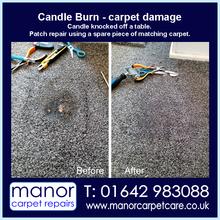 Carpet burn caused by a falling candle. Owner stamped out the flame straight away. Patch repair. Marske carpet repair