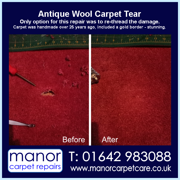 Antique wool carpet repaired . Over 25 years old with no option to patch repair. A quality carpet. Darlington Carpet Repairs