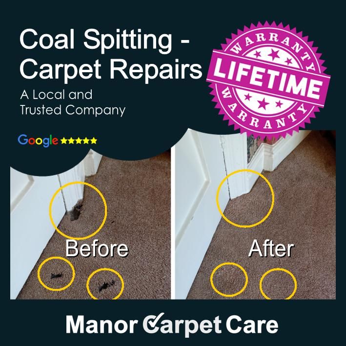 Coal damaged carpet. Repaired in Helmsley, North Yorkshire.