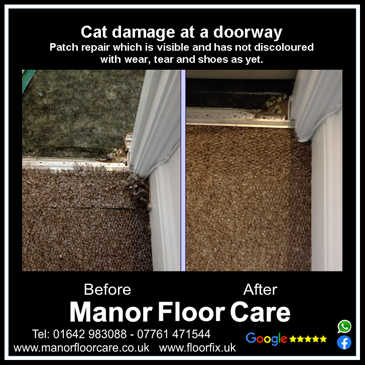 Cat damage to doorway carpet. Pieced and repaired. Manor Carpet Repairs, Darlington