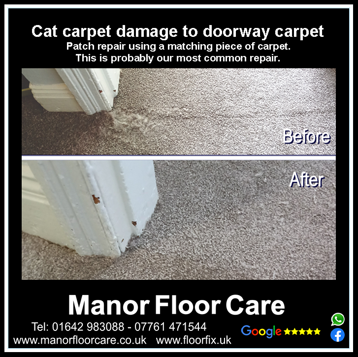 Cat carpet damage scratching at doorway in Middlesbrough. Manor Carpet Repairs.