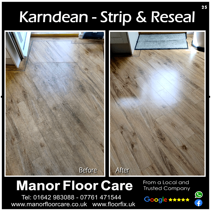 Karndean, 20 years old. First real clean, strip and reseal in satin. Back to new again.