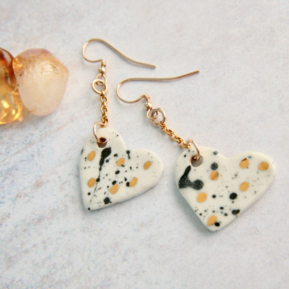 White hearts with dots, 14k gold earrings