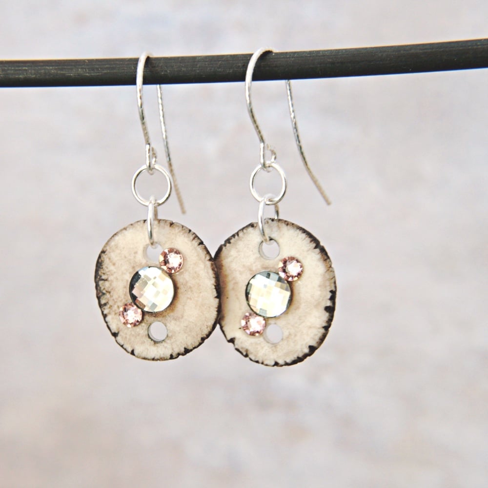 Crystal-embellished porcelain discs - handmade earrings