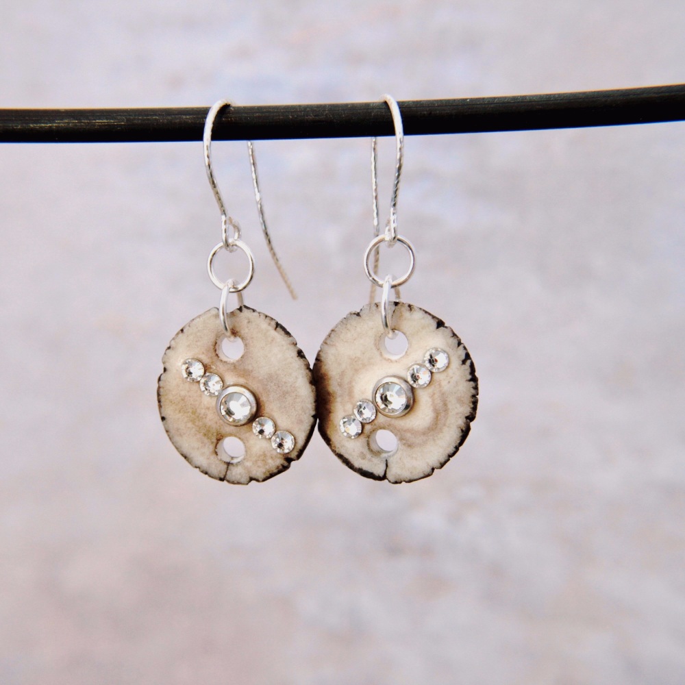Embellished  with crystals porcelain discs  - handmade earrings