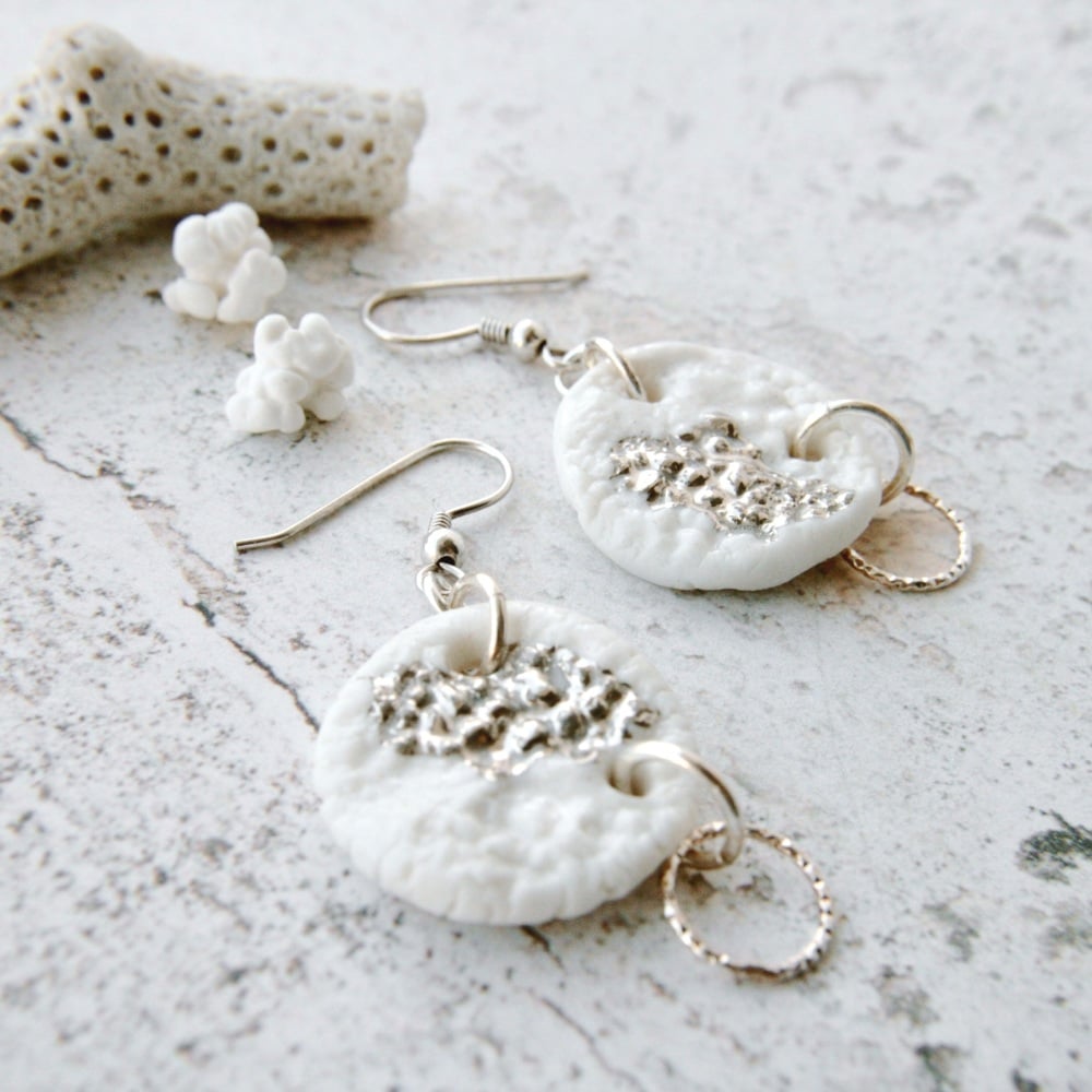 Porcelain earrings. Organic platinum and gold texture.