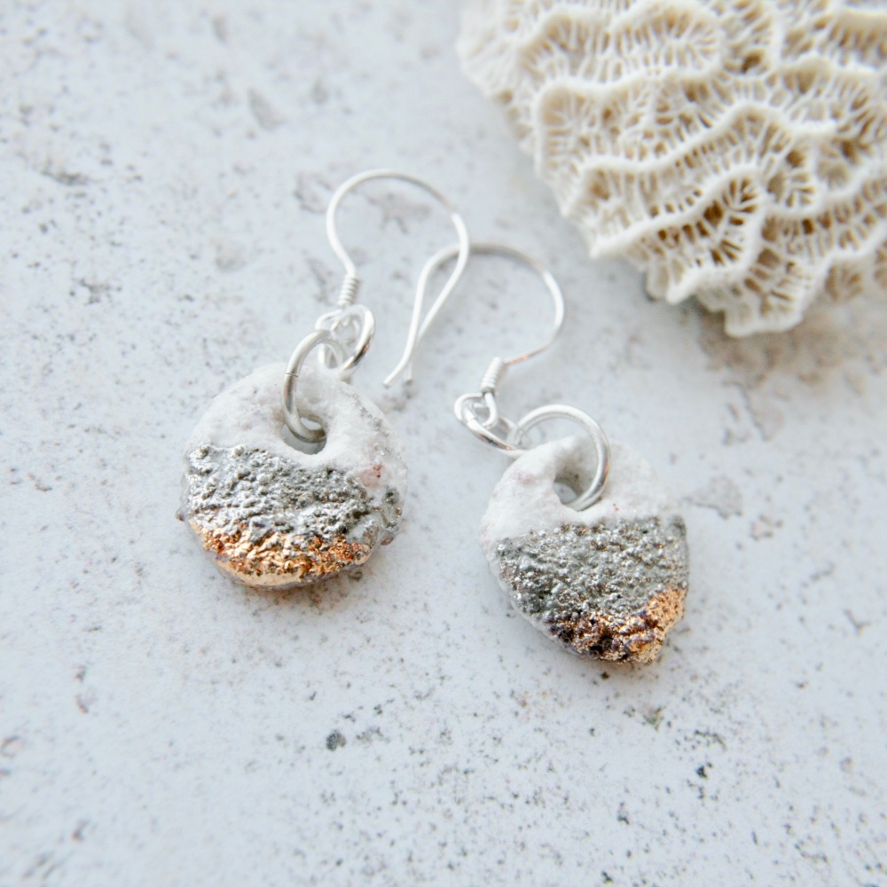 Porcelain earrings. Organic platinum and gold texture.