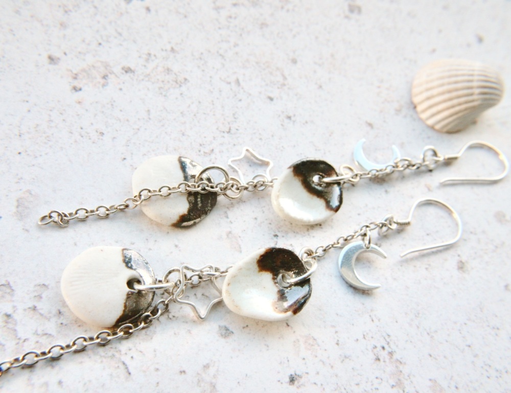 White seashells - cute dangle porcelain earrings with moons and stars