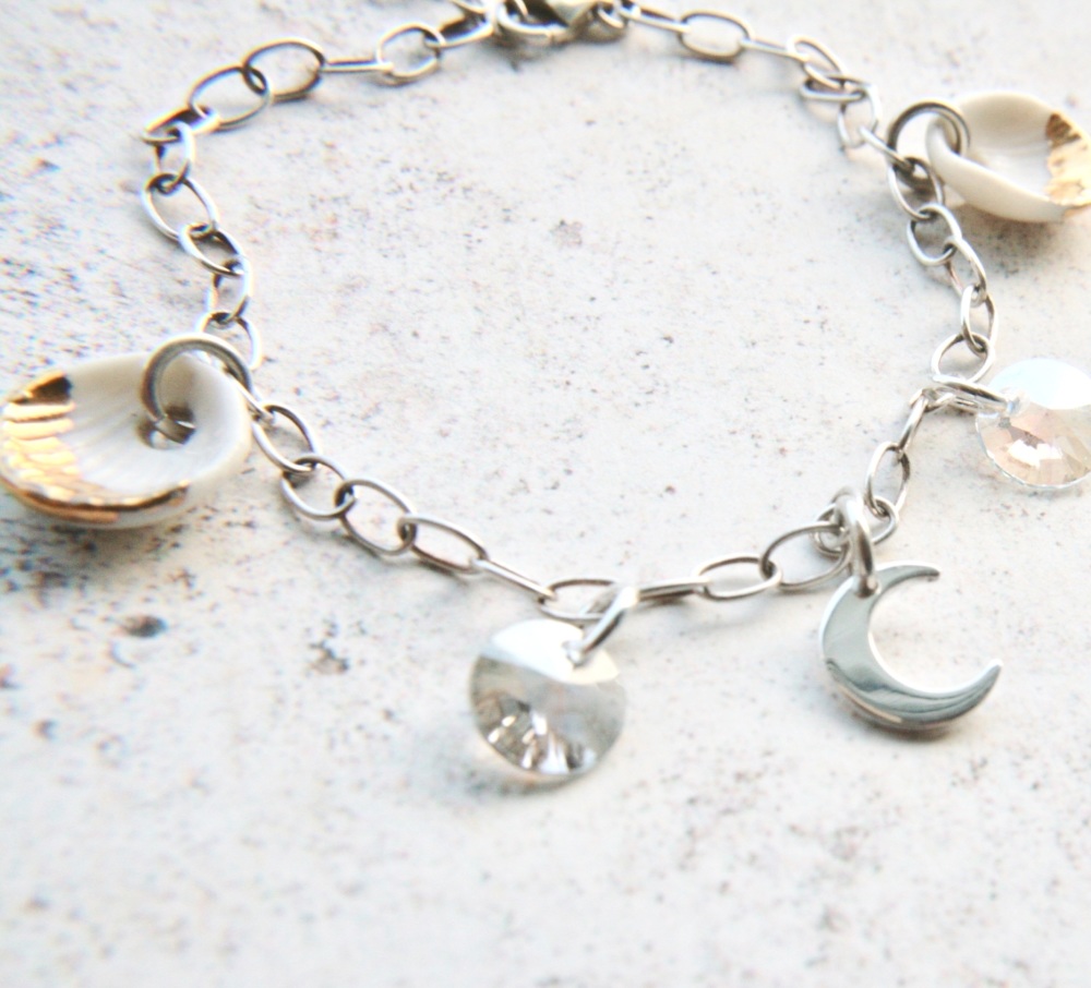 Moon bracelet with porcelain shell charms, sterling silver