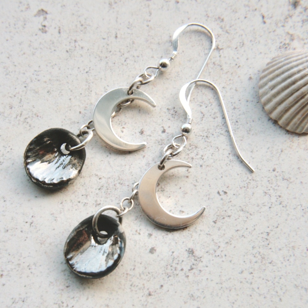 Moon earrings -  cute dangle porcelain earrings with moon and seashells