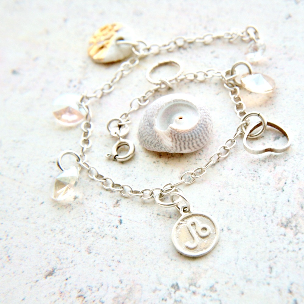 Moon bracelet with porcelain shell charms, sterling silver