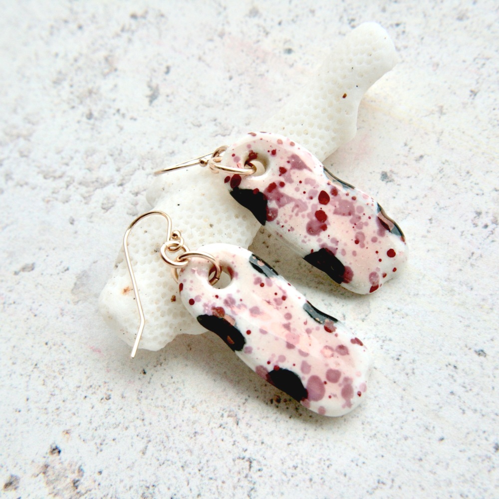 Fine porcelain dangle earrings - black & pink