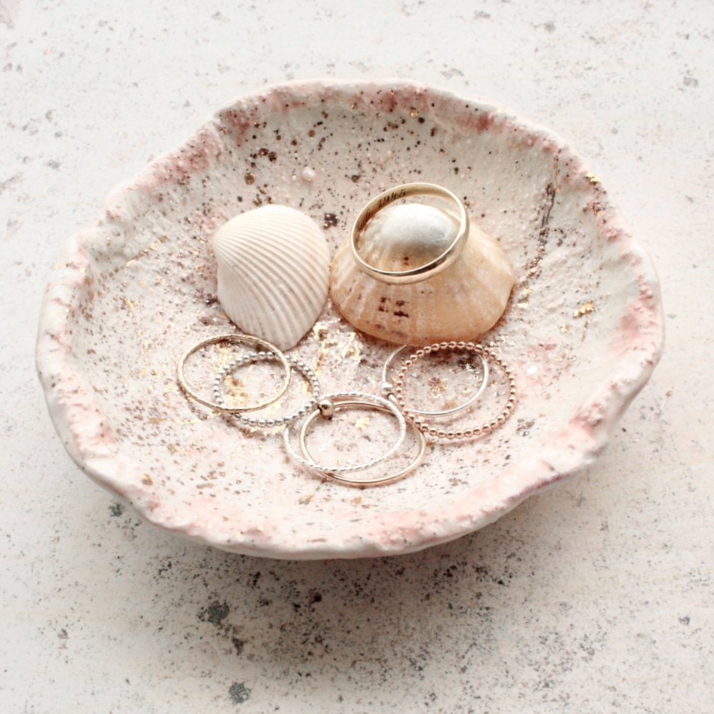Trinket dish with gold splashes,  for  jewellery, palo santo, crystals  or candles. Blush pink.