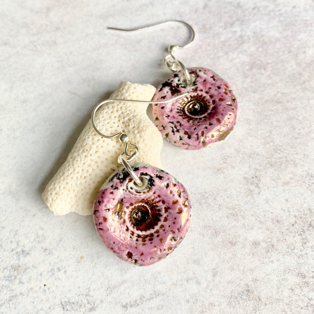 Porcelain earrings, spiral shell in silver