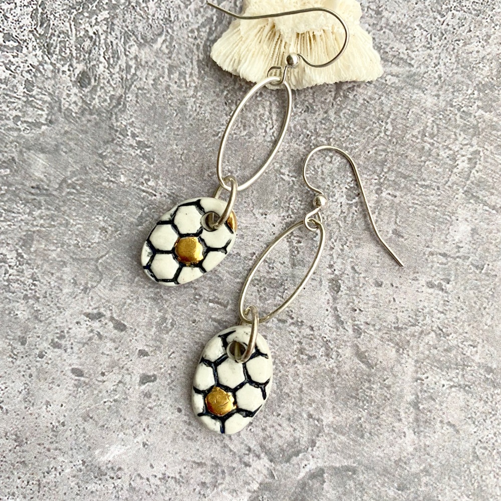 Porcelain earrings, honeycomb.