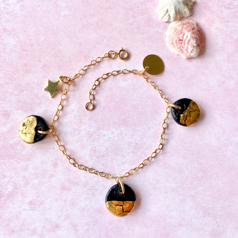 NEW! 14k gold charm bracelet with handmade porcelain charms.