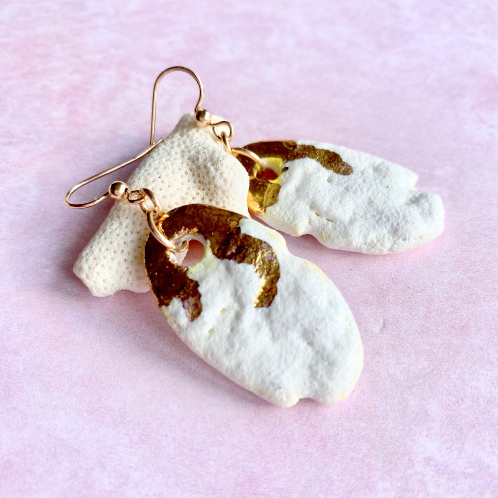 Fine porcelain dangle earrings - white & gold