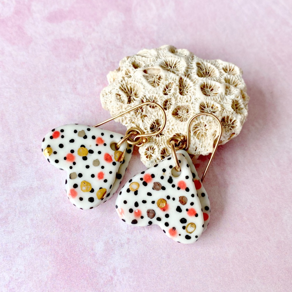 White hearts with dots, 14k gold earrings