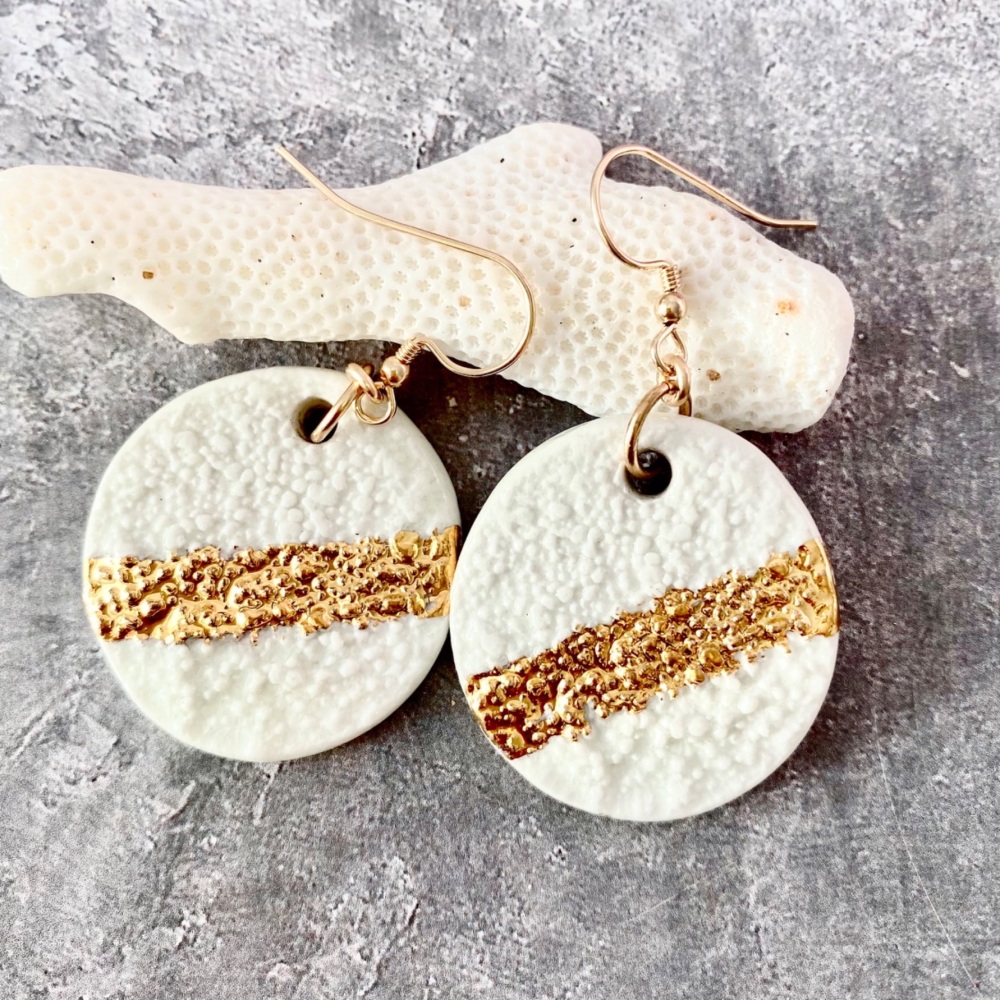 Fine porcelain dangle earrings - white & gold