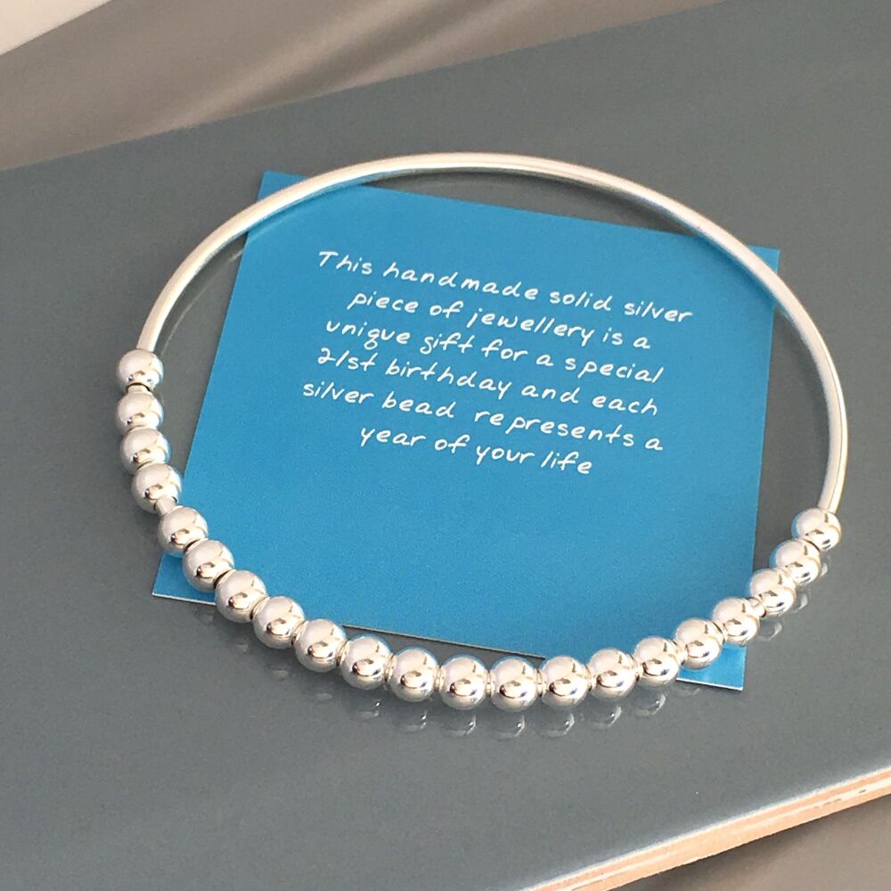 21st Birthday Handmade Silver Beads Bangle