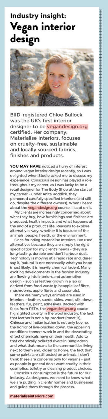 Studio Magazine 'Vegan interior design' â€“ May 2019