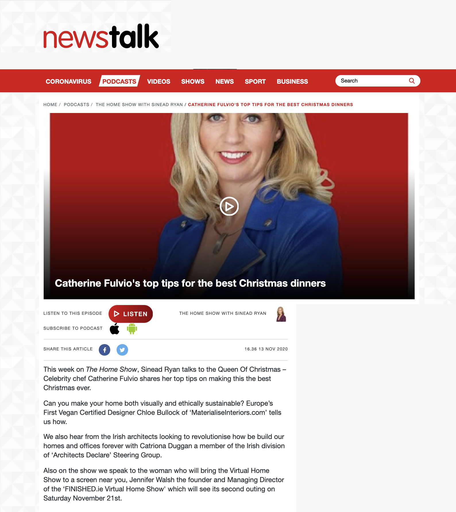 News Talk radio 'The Home Show' Interview by Sinead Ryan - November 2020