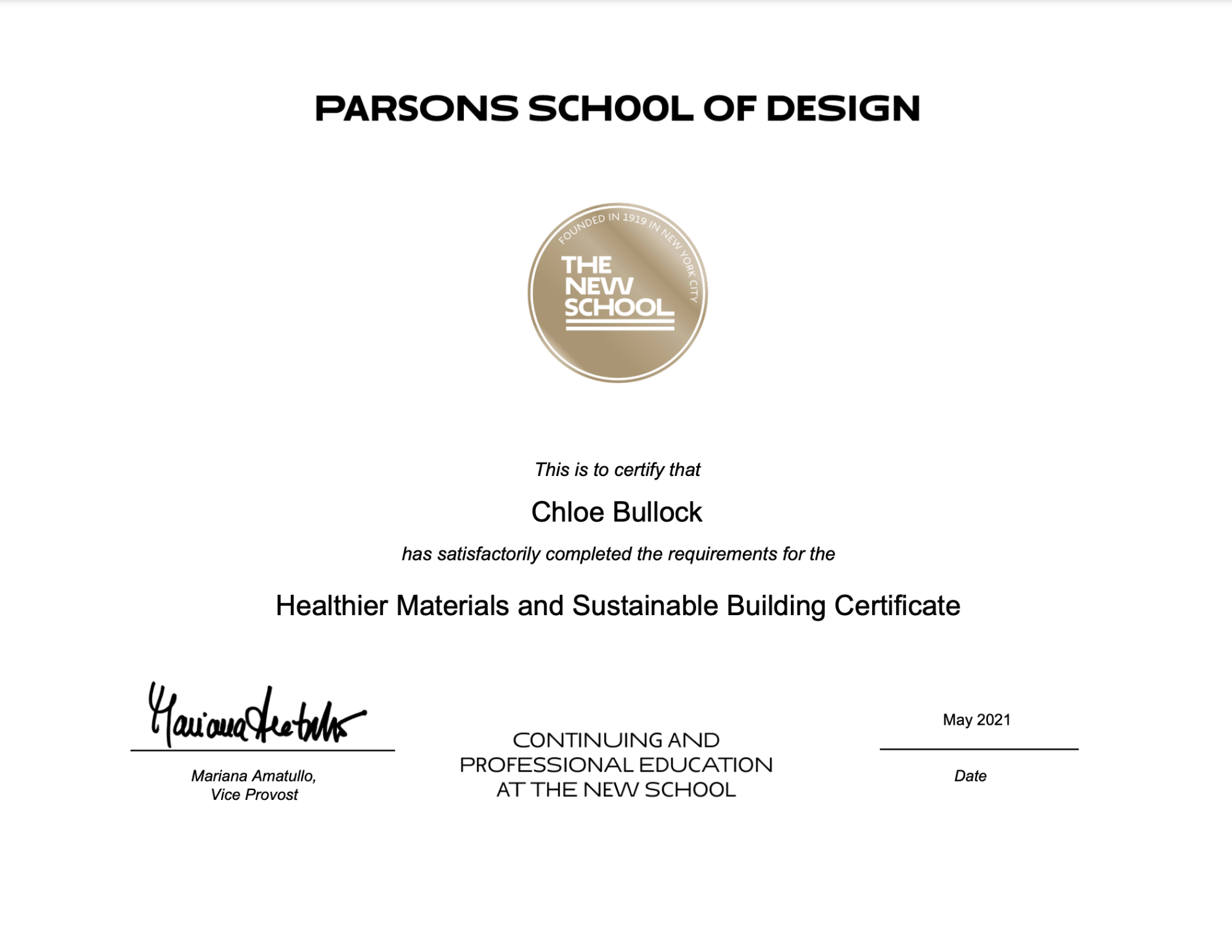Parsons / New School "Online Certificate Program: Healthier Materials and Sustainable Building
