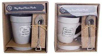 The Home Fusion Company Novelty Mug Cup Shaped Flower Planter & Dish With Spade Gardener Gift