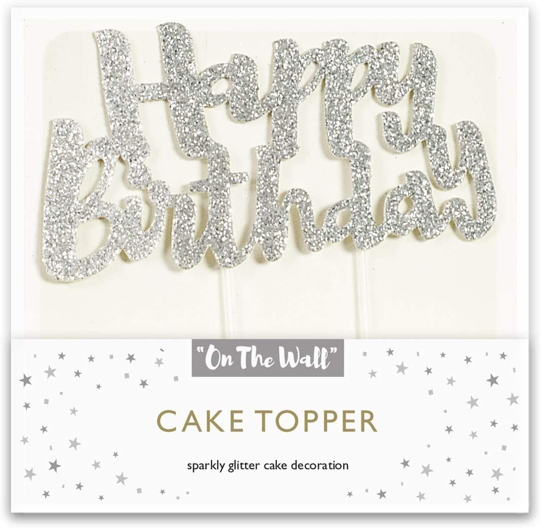 Happy Birthday Glitter Cake Topper - Silver