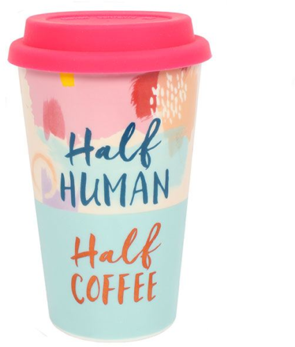 Double Wall Thermal Travel Mug Half Human Half Coffee Ceramic with Lid 