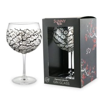 Sunny Hand Decorated Gin Glass Japanese Garden BLACK & WHITE