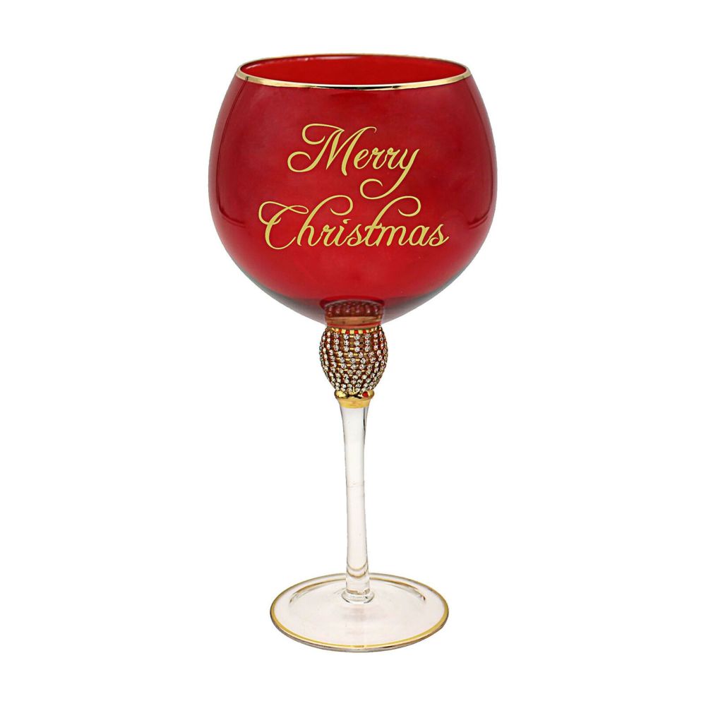 Red Christmas Diamante Stem Gin Glass With Gold Wording - Merry Christmas