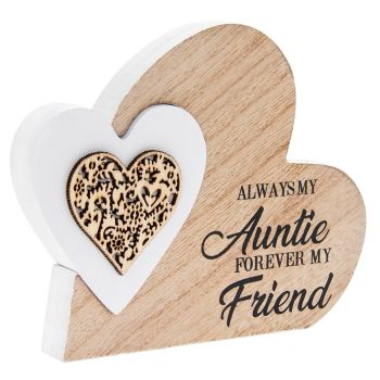 Double Heart Laser Cut Wooden Mini Plaque - Auntie