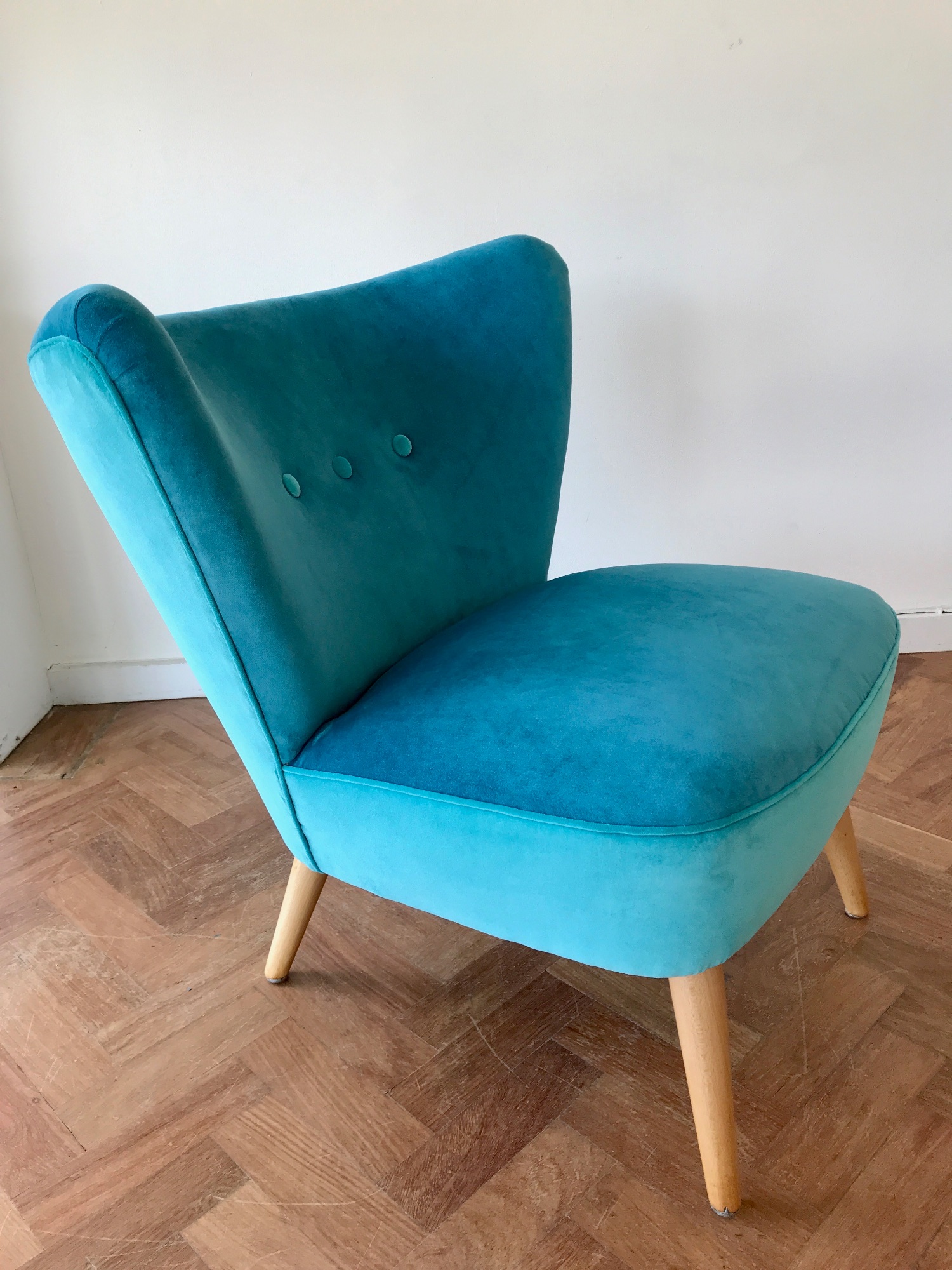 1950's cocktail chair by Spring Upholstery Brighton in turquoise Omega velvet by Linwood