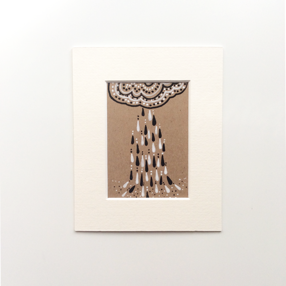 Small Original Drawing on Kraft Card Clouds and Rain Semi Abstract Artwork