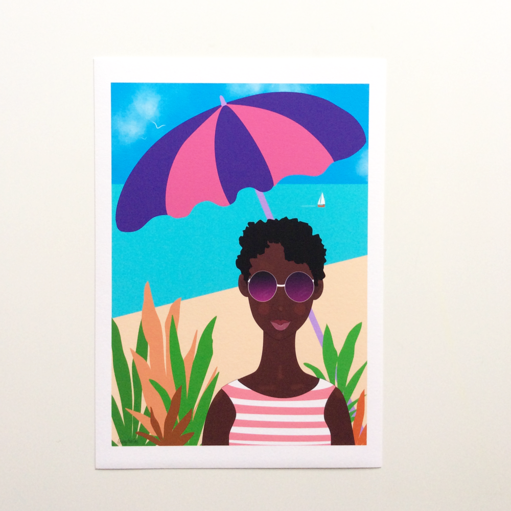 'Beach Vacation' Black Art A4 Beach Print | Digital Illustration | Black Art Prints for Sale | Unframed