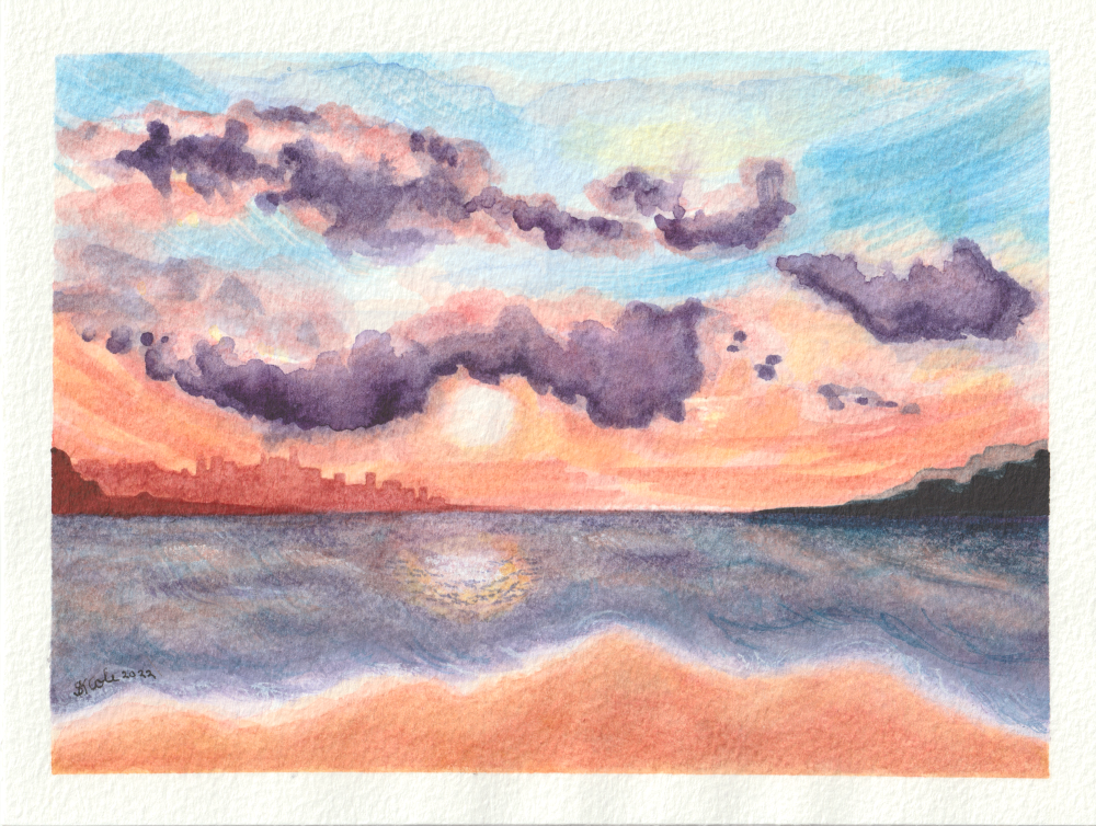 Original Watercolour Approx. 6.25" x 8.25" Seascape Painting 'Distant City' by Stacey-Ann Cole (Unframed)
