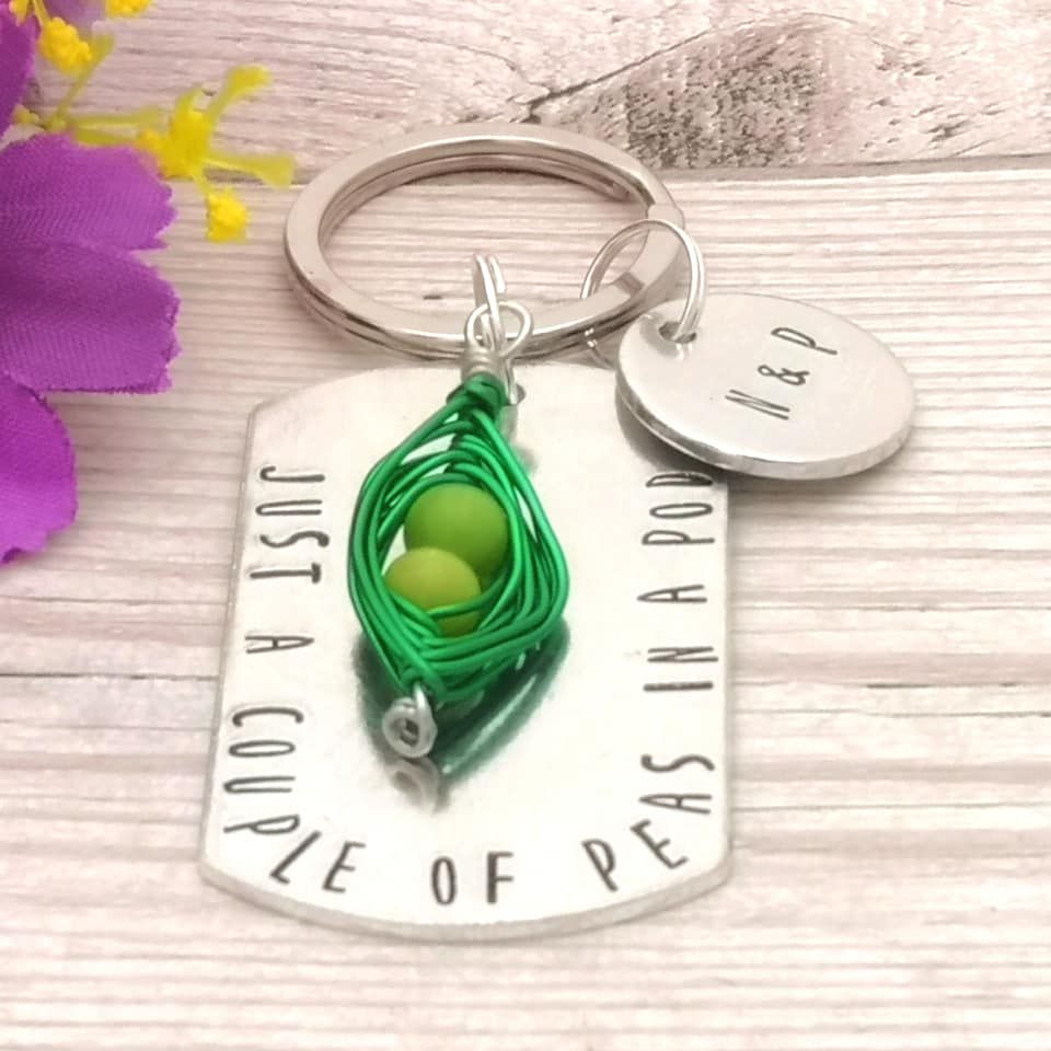 Just a couple of peas in a pod personalised keyring with pea pod